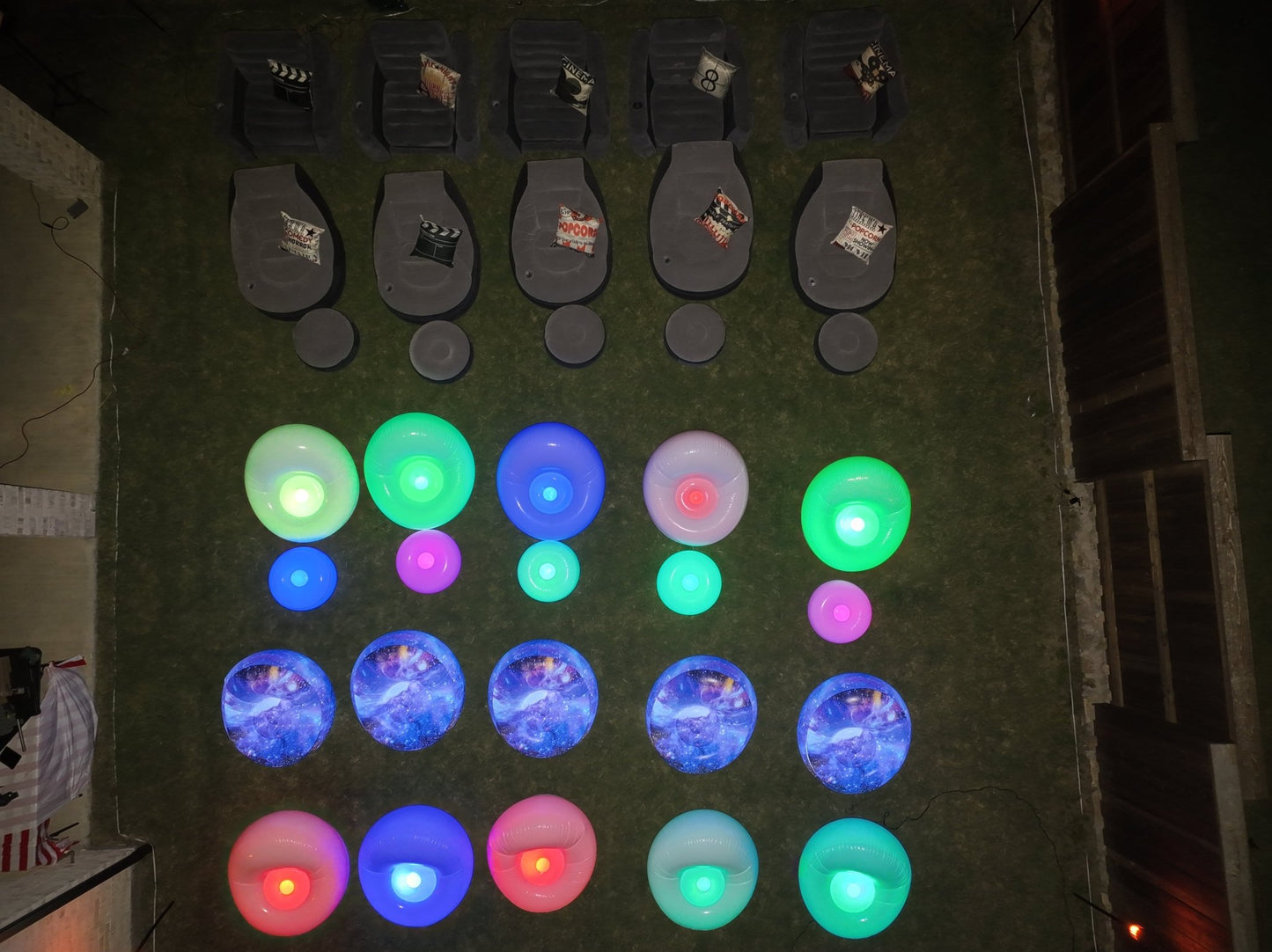 Variety of inflatable movie chairs for movie night rental by Backyard Movie Theater in North Dallas