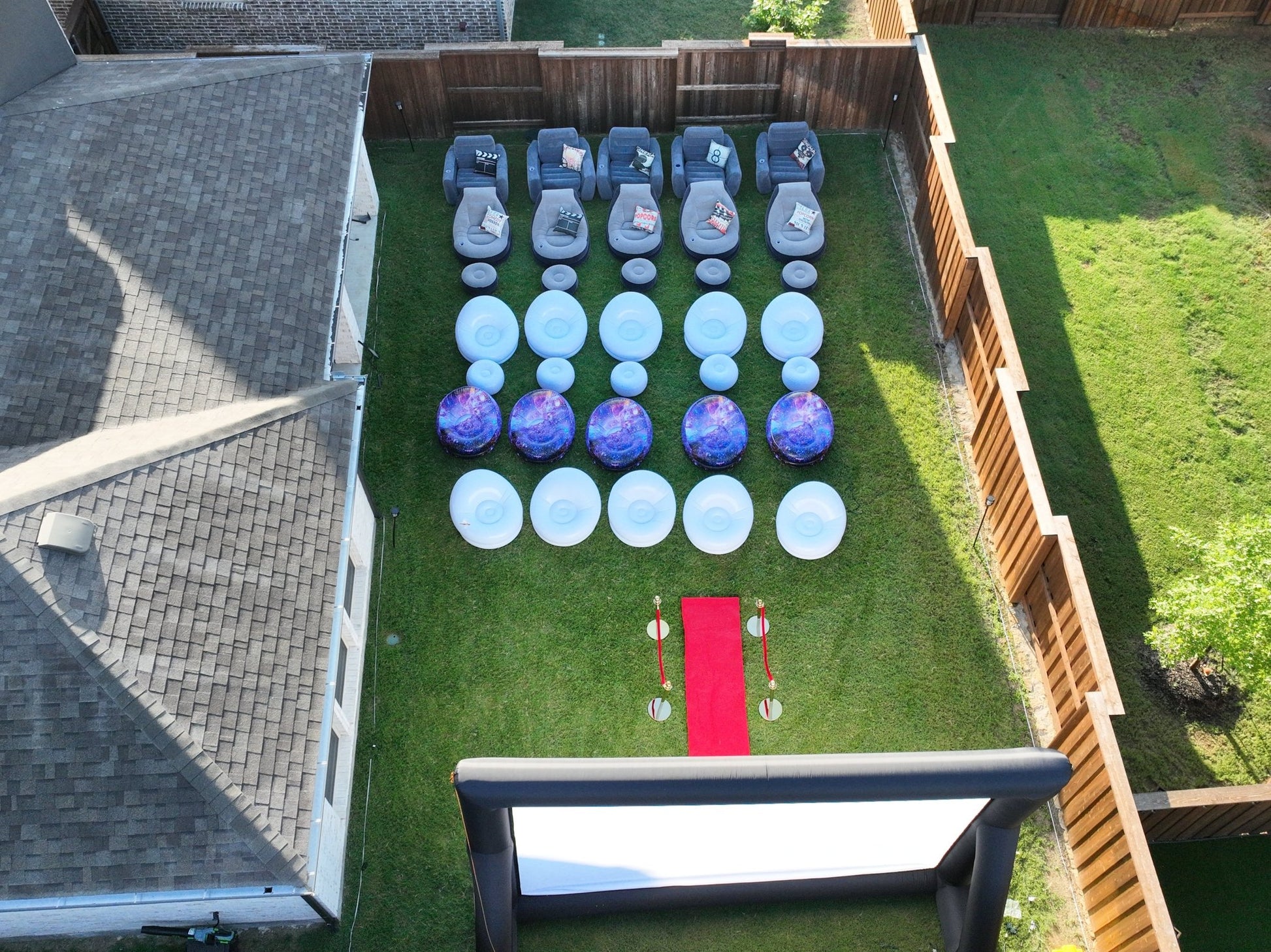 Backyard Movie Theater North Dallas Aerial View with 35 chairs